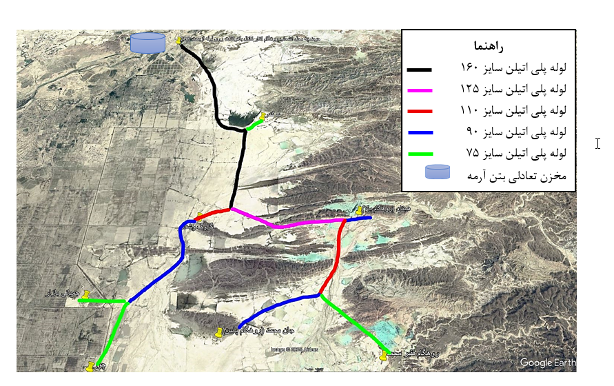 تصویر 2- نقشه خطوط انتقال مجتمع آبرسانی 7 روستایی روهگامها بر روی توپوگرافی زمین